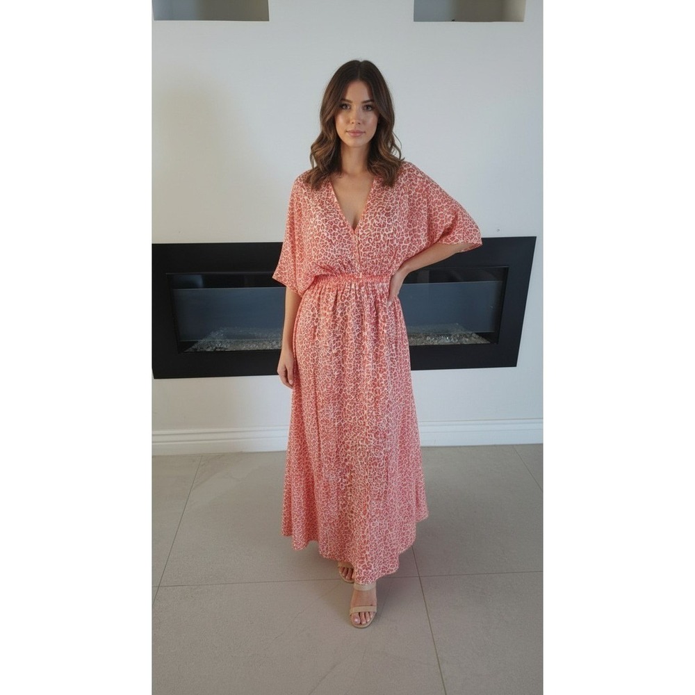 Lemlem Liya Kebede Coral Leopard Print Metallic Dress Cottagecore preppy boho S